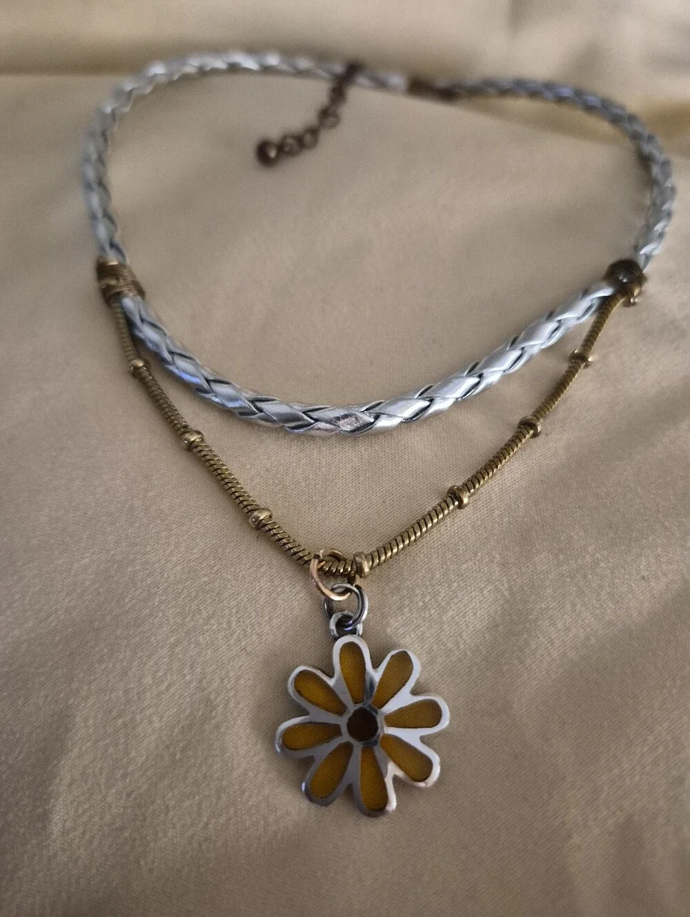 Handmade Sterling Silver Yellow Glass Inlay Daisy Pendant Leather Chain Choker